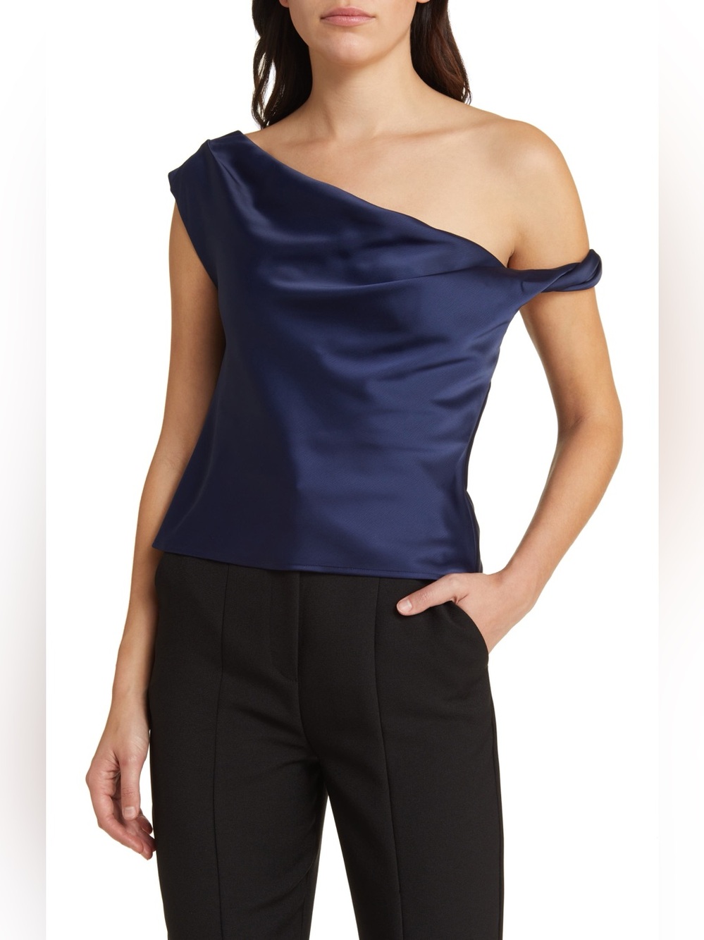 WAYF Keita One-Shoulder Top Navy Size Small